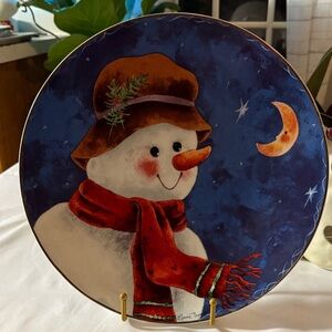 Vintage Elaine Thompson Ceramic Snowman Plate signed 1997 Frosty Snowman Moon